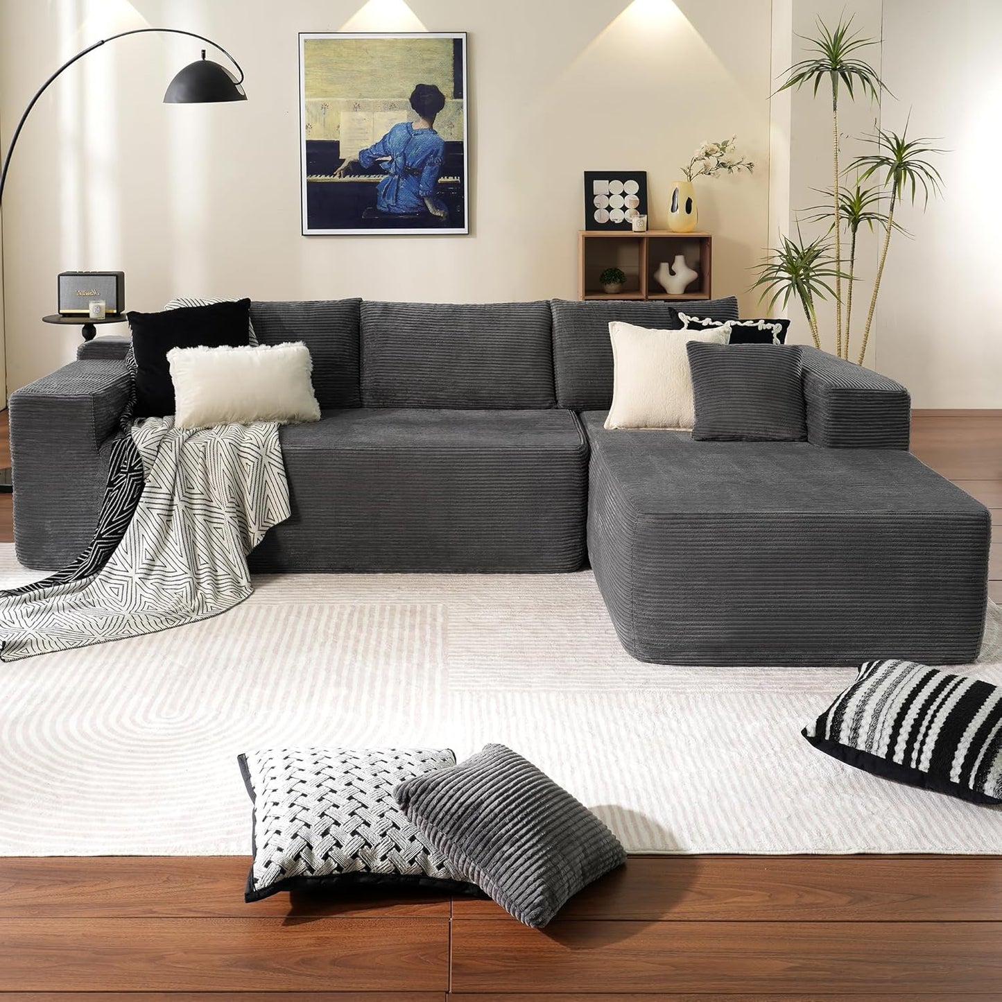 Plush Corduroy L-Shape Sofa – Ready to Lounge, No Assembly