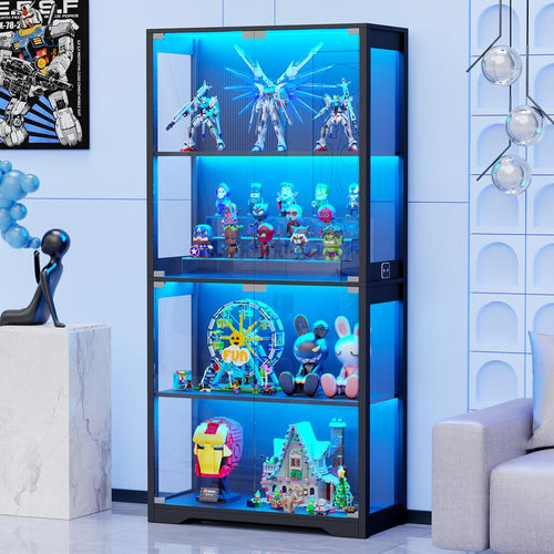 MIIFUNY Display Cabinet with Glass Doors, Storage Cabinet with 3 Color Light