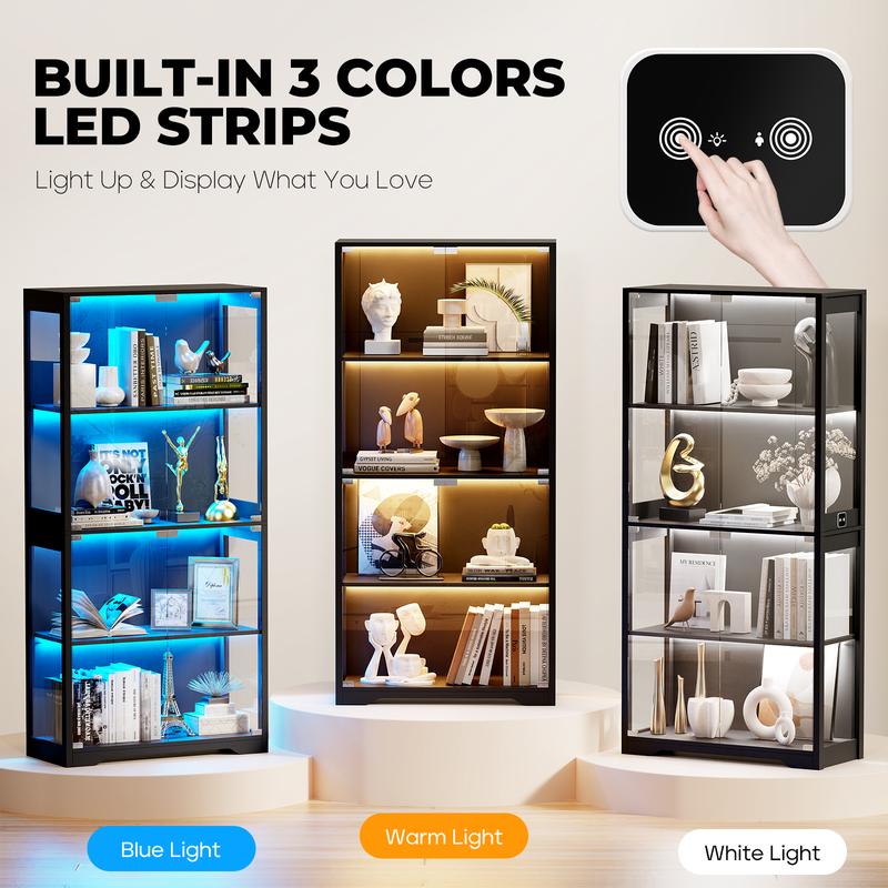 MIIFUNY Display Cabinet with Glass Doors, Storage Cabinet with 3 Color Light