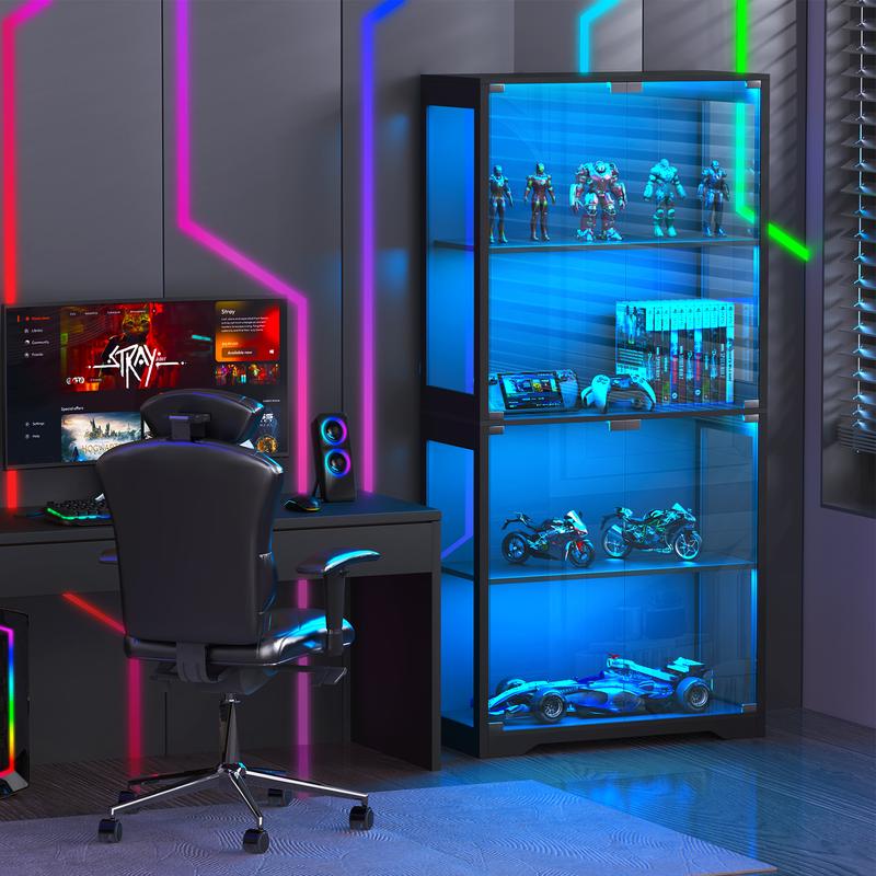 MIIFUNY Display Cabinet with Glass Doors, Storage Cabinet with 3 Color Light