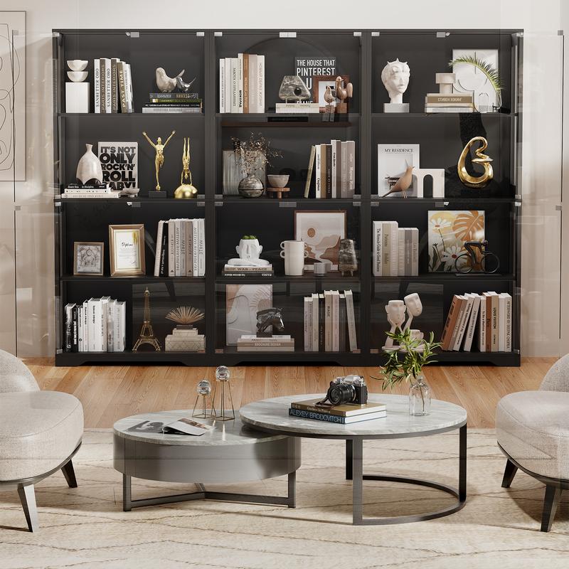 MIIFUNY Display Cabinet with Glass Doors, Storage Cabinet with 3 Color Light