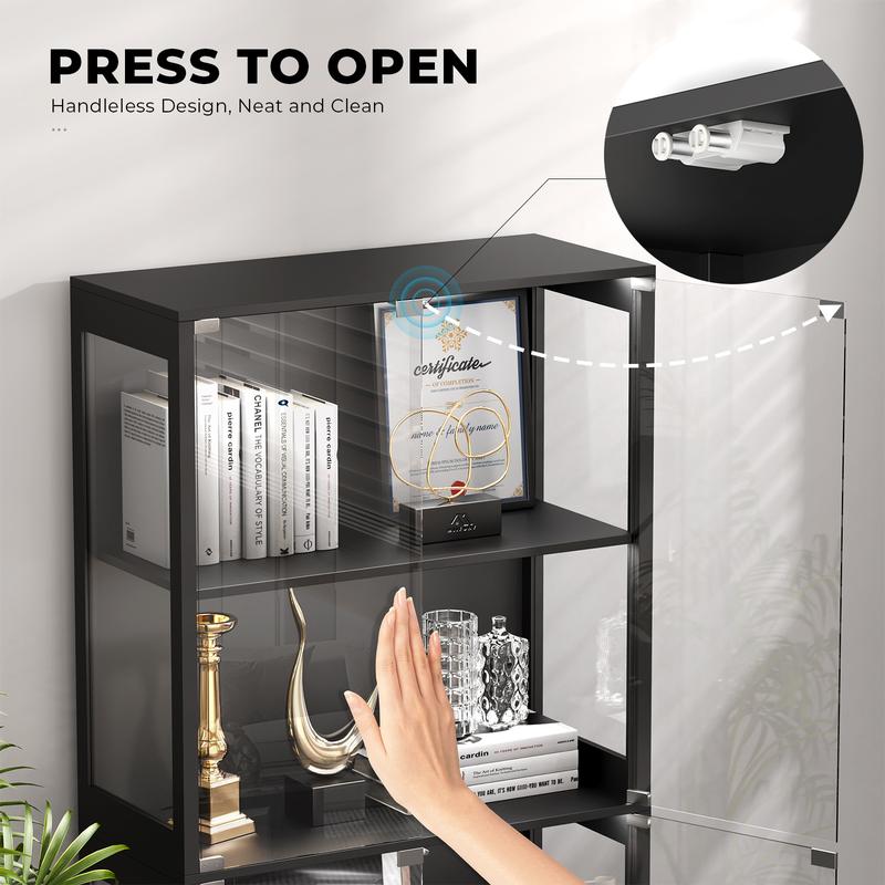 MIIFUNY Display Cabinet with Glass Doors, Storage Cabinet with 3 Color Light