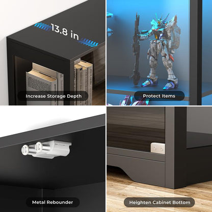 MIIFUNY Display Cabinet with Glass Doors, Storage Cabinet with 3 Color Light